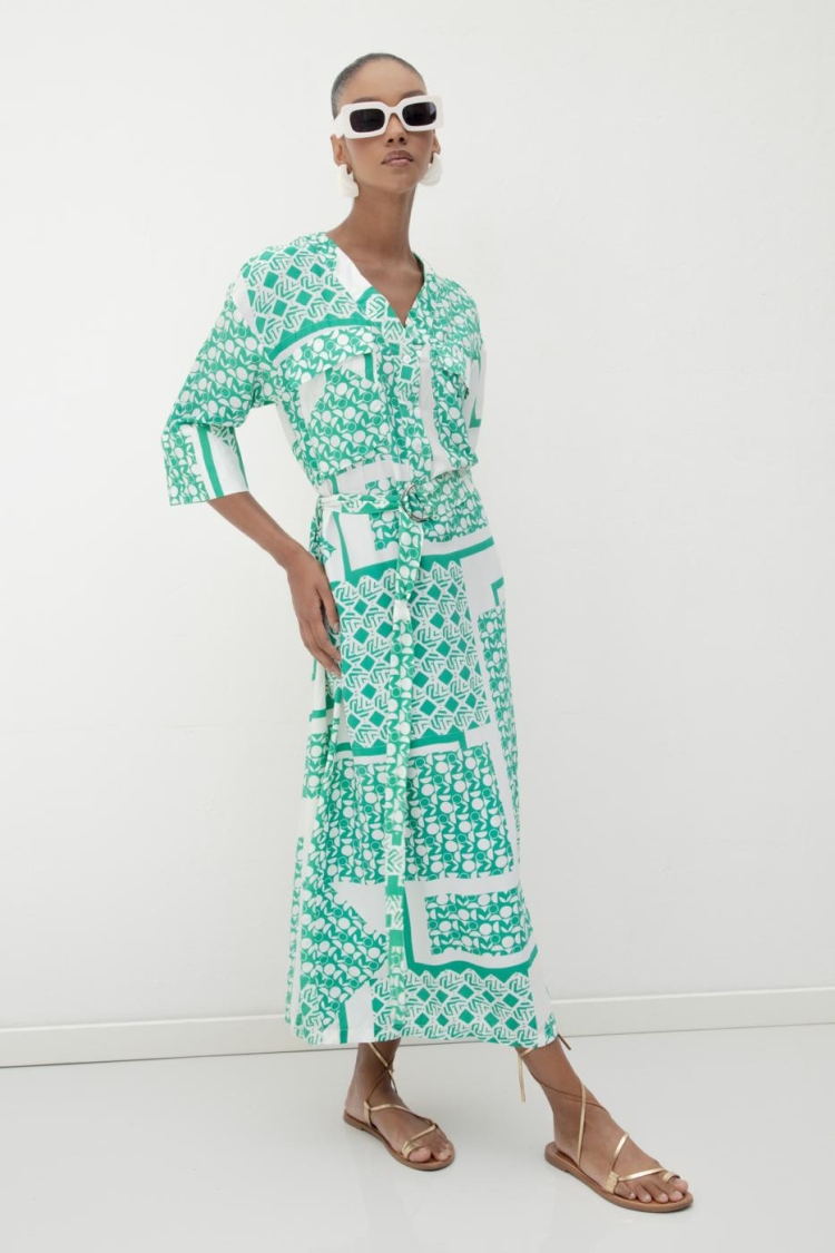 Three Quarter Sleeve Midi Patterned Dress