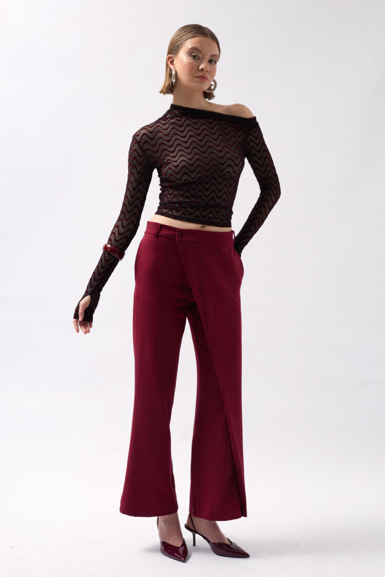 Tire Detail Asymmetric Pants - Burgundy - Black Fashion - Globality Store - Women Clothes Wholesale Turkey