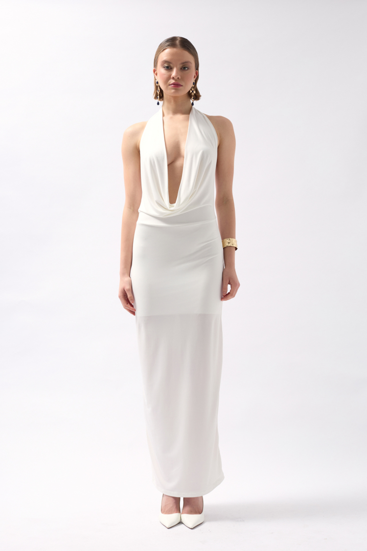 Shawl Neck Drawstring Maxi Dress