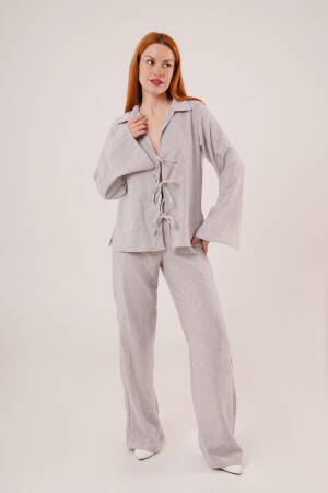 Front Drawstring Detailed Pants And Shirt Wholesale Gray Two Piece Suit - Lustrin - Globality Store - Women Clothes Wholesale Turkey