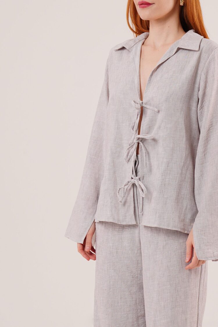 Front Drawstring Detailed Pants And Shirt Wholesale Gray Two Piece Suit