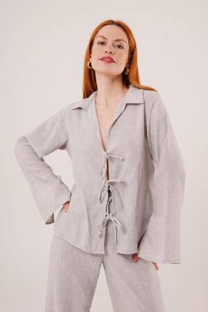 Front Drawstring Detailed Pants And Shirt Wholesale Gray Two Piece Suit - Lustrin - Globality Store - Women Clothes Wholesale Turkey