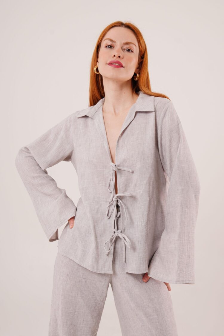 Front Drawstring Detailed Pants And Shirt Wholesale Gray Two Piece Suit