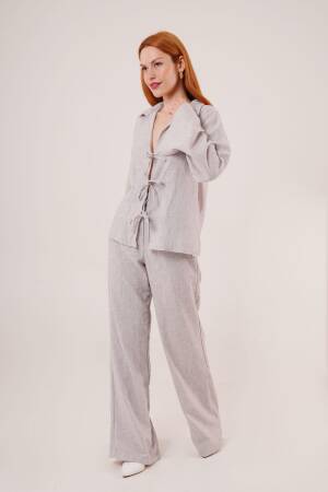 Front Drawstring Detailed Pants And Shirt Wholesale Gray Two Piece Suit - Lustrin - Globality Store - Women Clothes Wholesale Turkey