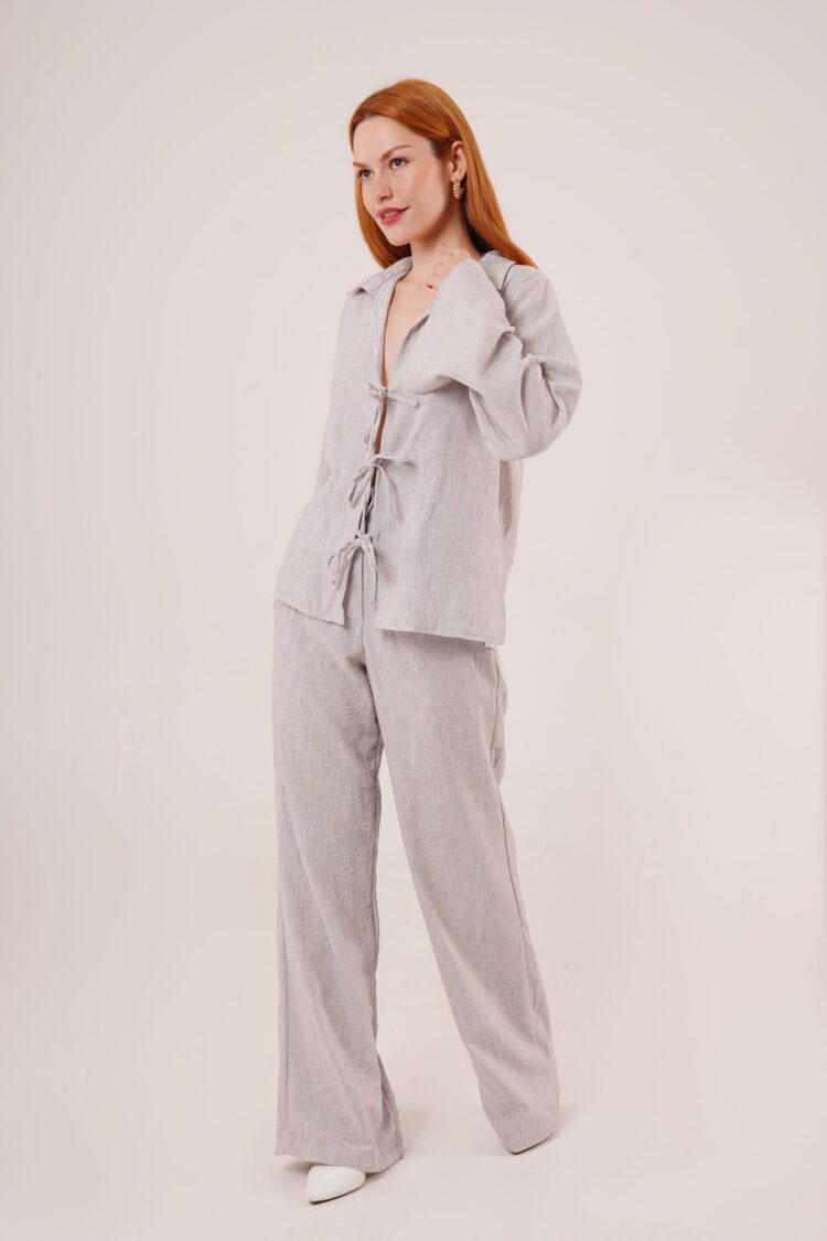 Front Drawstring Detailed Pants And Shirt Wholesale Gray Two Piece Suit