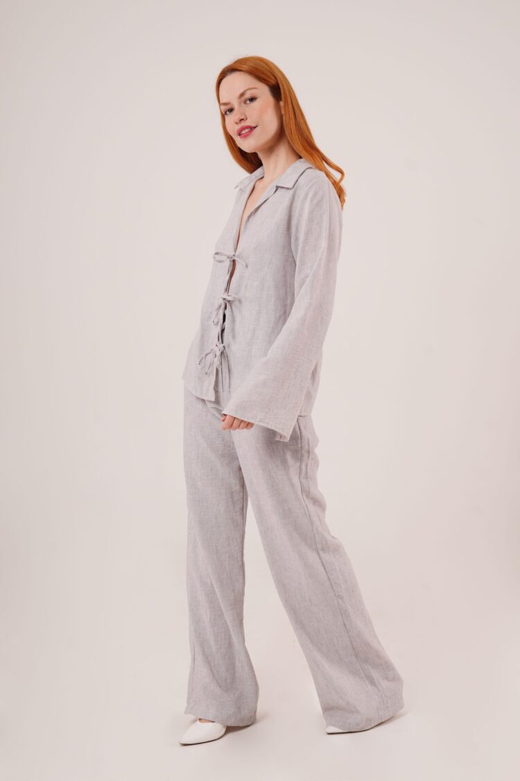 Front Drawstring Detailed Pants And Shirt Wholesale Gray Two Piece Suit