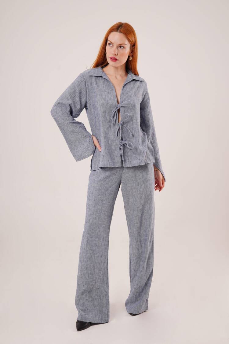Front Drawstring Detailed Pants And Shirt Wholesale Indigo Two-Piece Suit - Lustrin - Globality Store - Women Clothes Wholesale Turkey