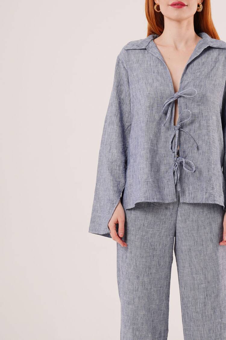 Front Drawstring Detailed Pants And Shirt Wholesale Indigo Two-Piece Suit