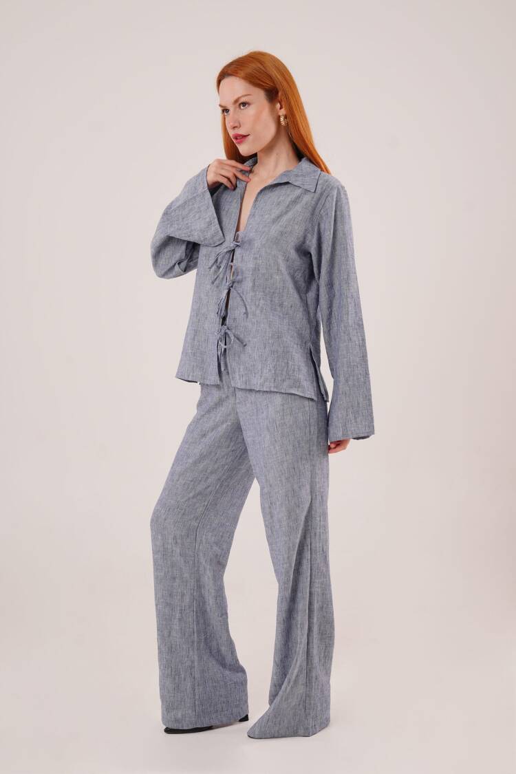 Front Drawstring Detailed Pants And Shirt Wholesale Indigo Two-Piece Suit