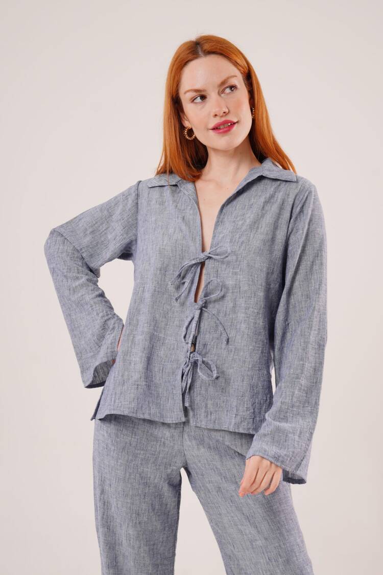 Front Drawstring Detailed Pants And Shirt Wholesale Indigo Two-Piece Suit