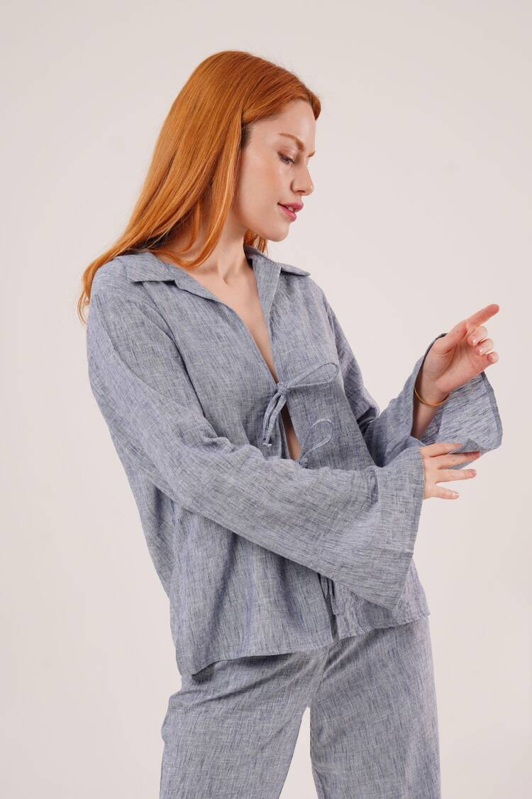 Front Drawstring Detailed Pants And Shirt Wholesale Indigo Two-Piece Suit