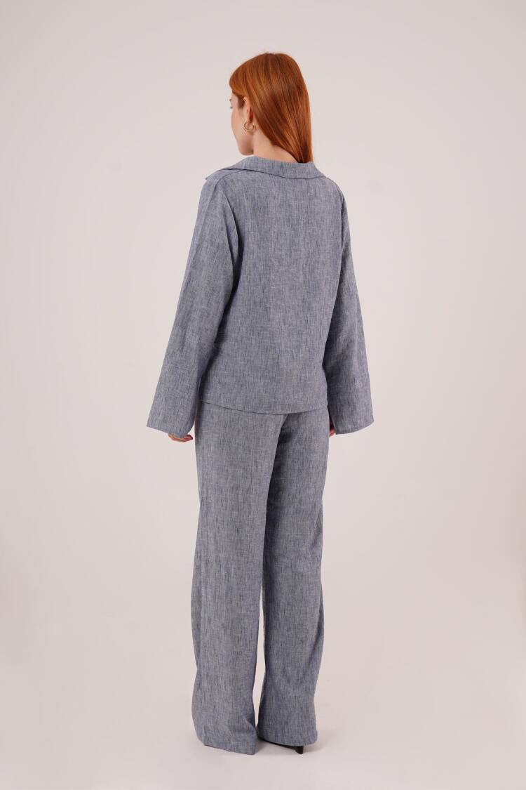 Front Drawstring Detailed Pants And Shirt Wholesale Indigo Two-Piece Suit