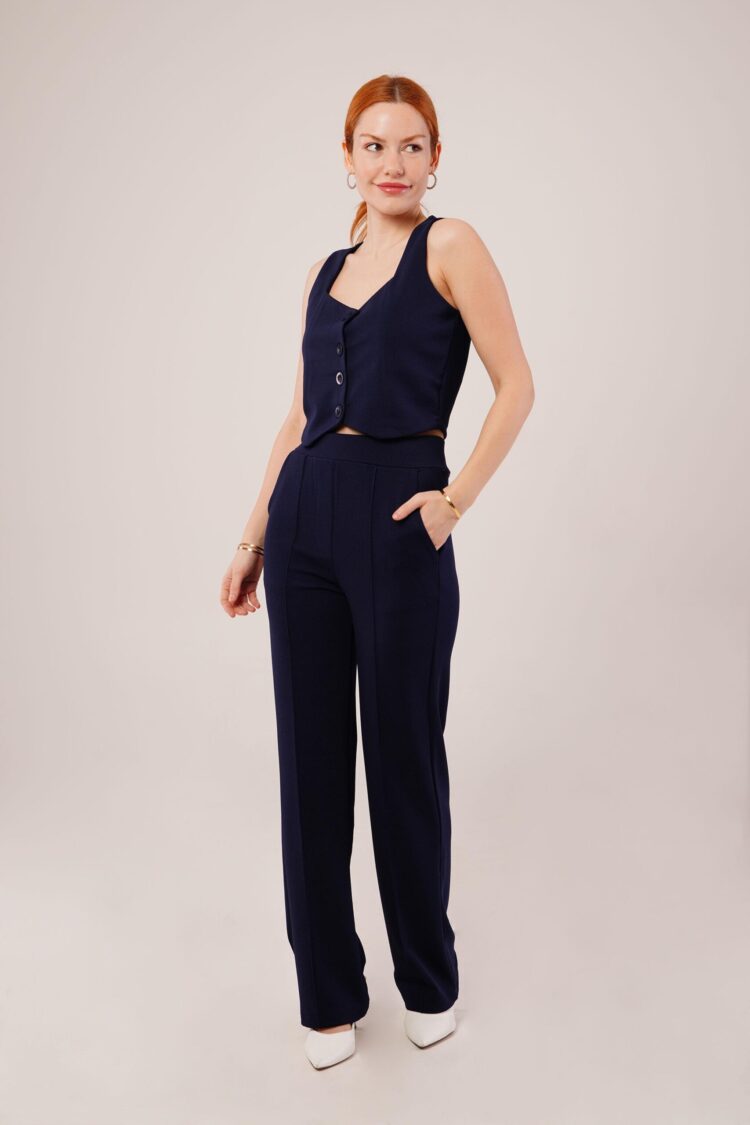 Thick Strap Buttoned Vest And Pants Navy Wholesale Suit