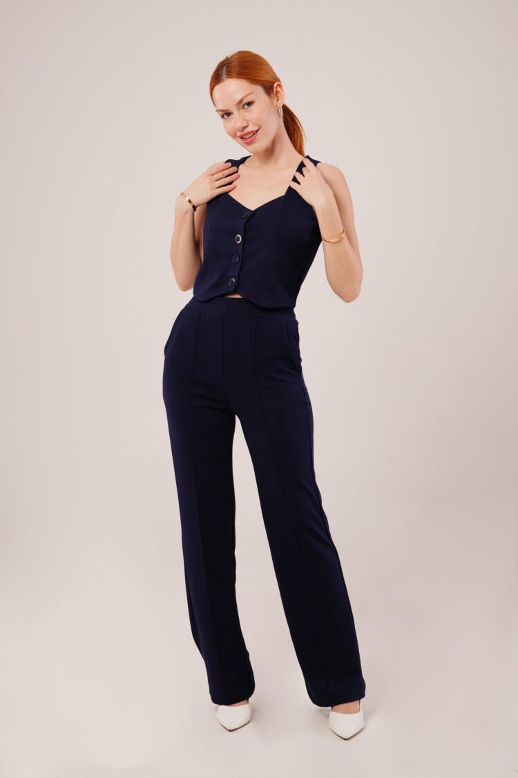 Thick Strap Buttoned Vest And Pants Navy Wholesale Suit - Lustrin - Globality Store - Women Clothes Wholesale Turkey