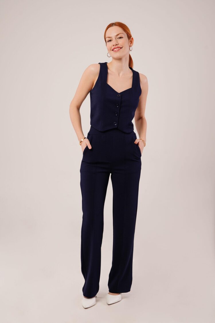 Thick Strap Buttoned Vest And Pants Navy Wholesale Suit