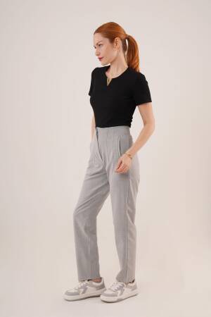 Double Collar Detailed Gray Pants - Lustrin - Globality Store - Women Clothes Wholesale Turkey