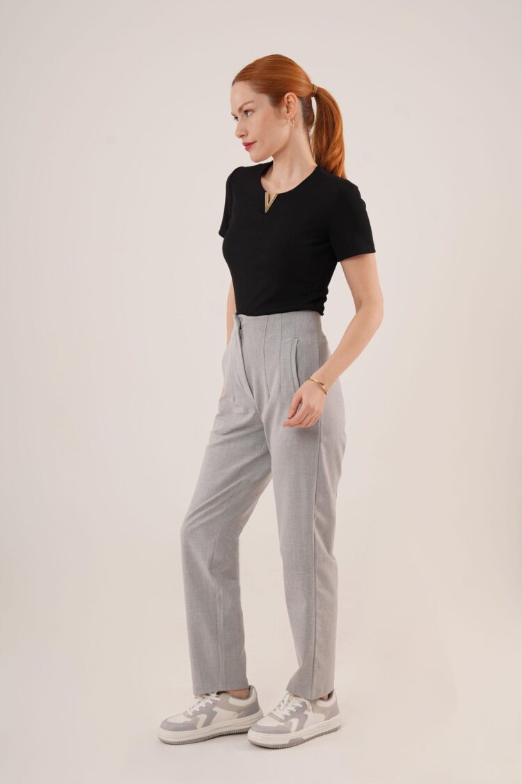Double Collar Detailed Gray Pants