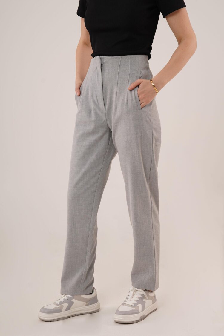 Double Collar Detailed Gray Pants