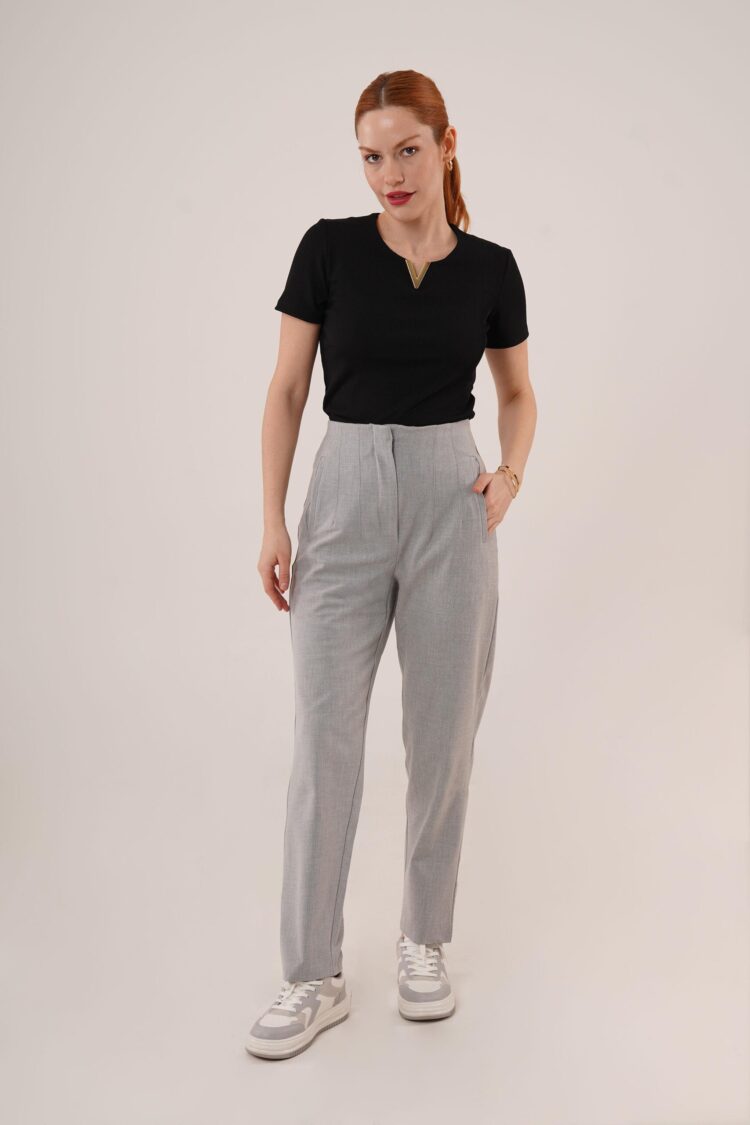 Double Collar Detailed Gray Pants