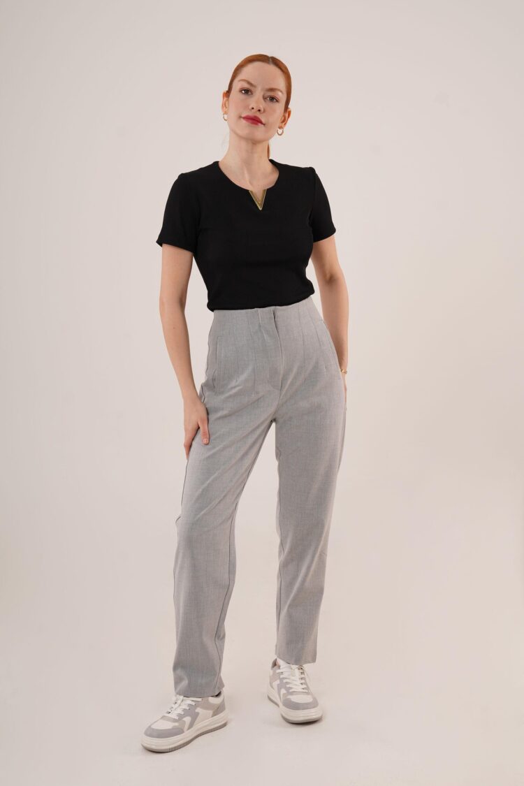 Double Collar Detailed Gray Pants