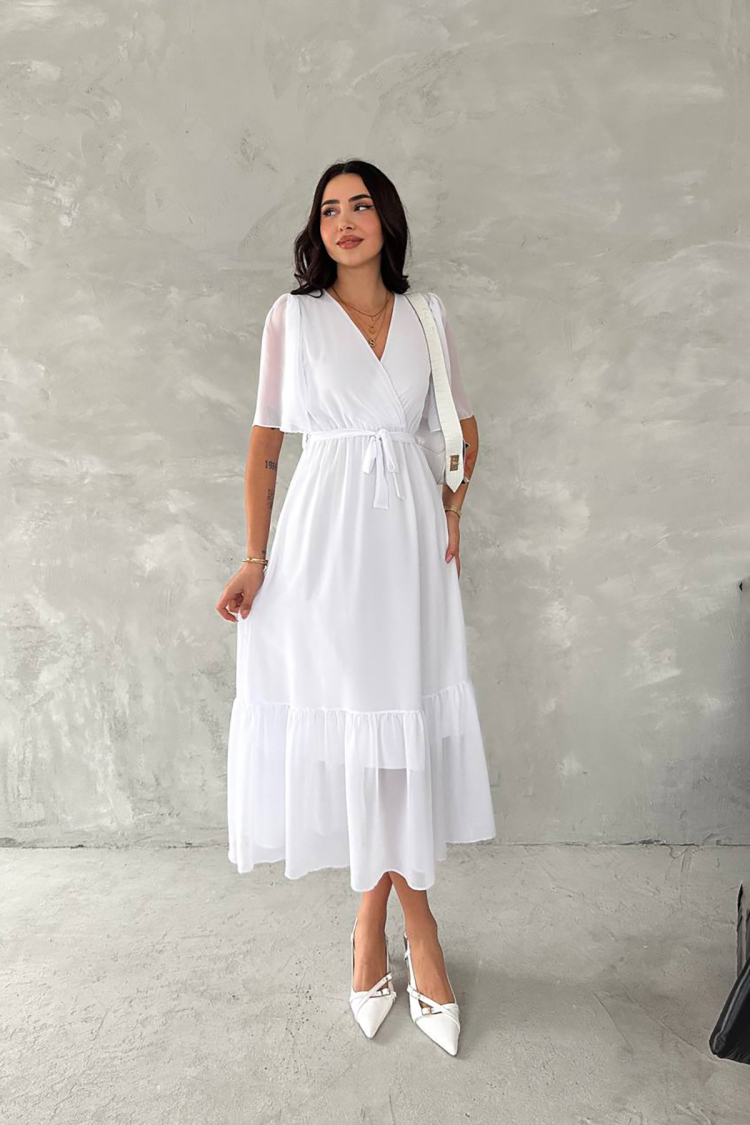 Double Collar Belted Chiffon Dress