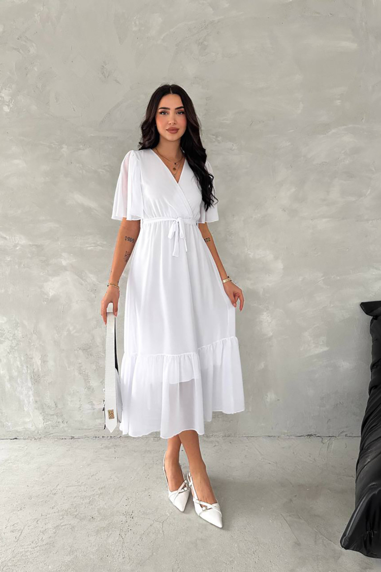 Double Collar Belted Chiffon Dress - Mode Roy - Globality Store - Women Clothes Wholesale Turkey