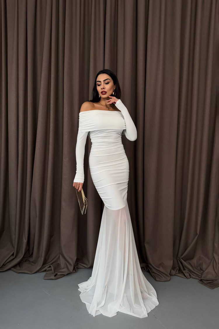 Madonna Neckline Long Tulle Dress