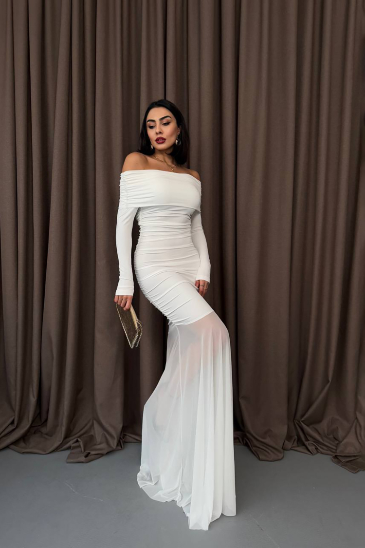 Madonna Neckline Long Tulle Dress