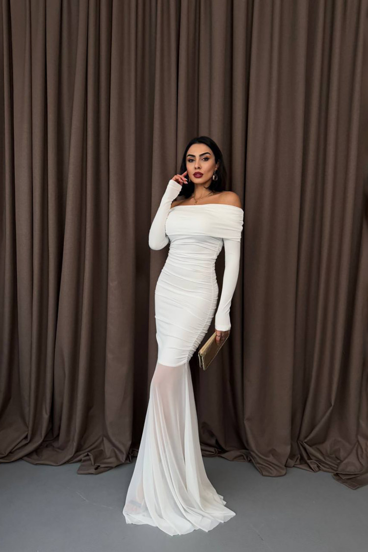 Madonna Neckline Long Tulle Dress - Mode Roy - Globality Store - Women Clothes Wholesale Turkey
