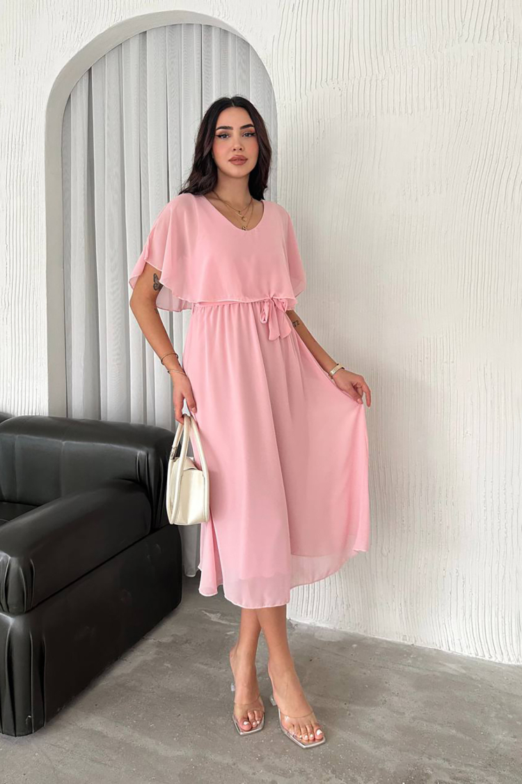 Belted Midi Chiffon Dress - Mode Roy - Globality Store - Women Clothes Wholesale Turkey