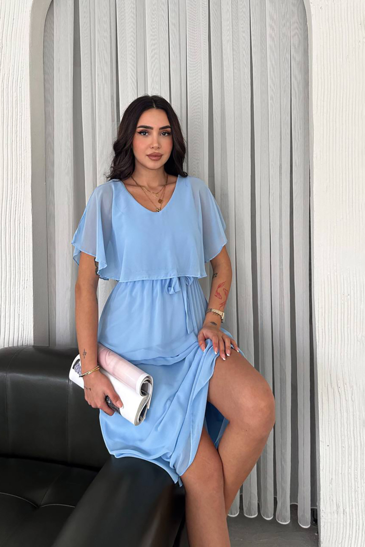 Belted Midi Chiffon Dress - Mode Roy - Globality Store - Women Clothes Wholesale Turkey