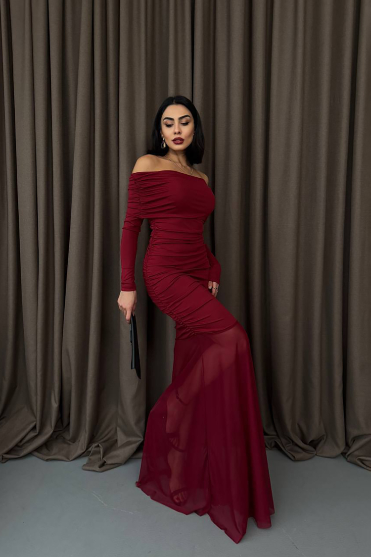 Madonna Collar Long Tulle Dress - Burgundy