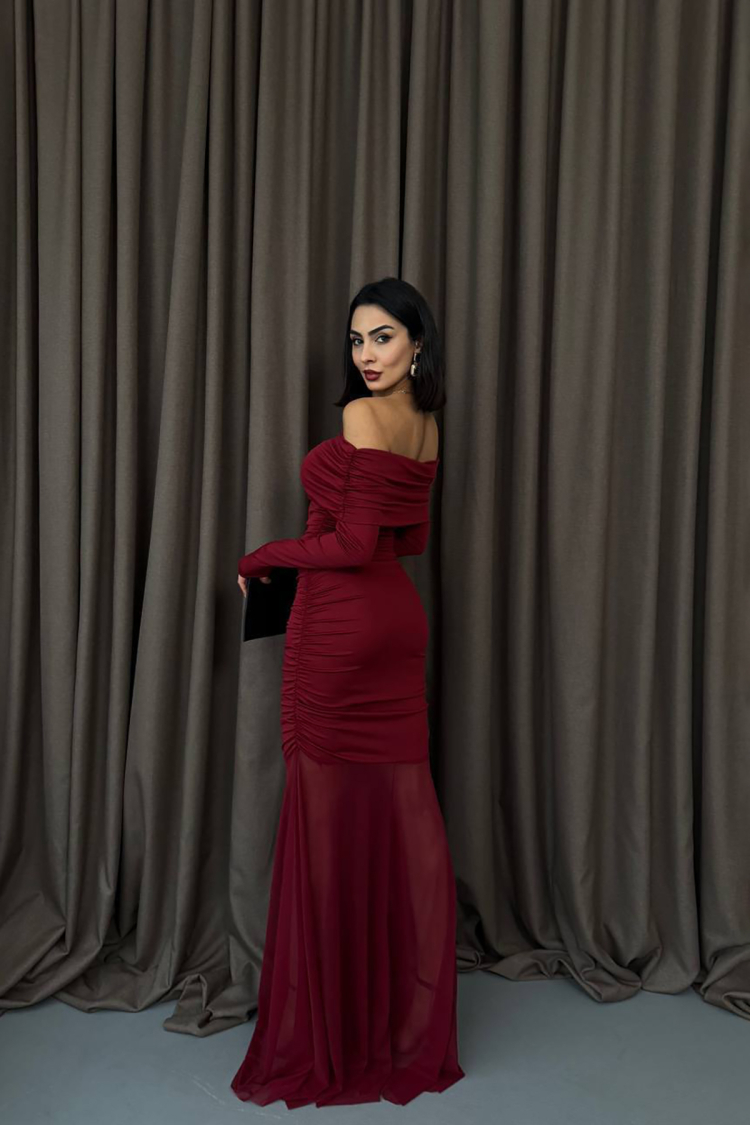 Madonna Collar Long Tulle Dress - Burgundy