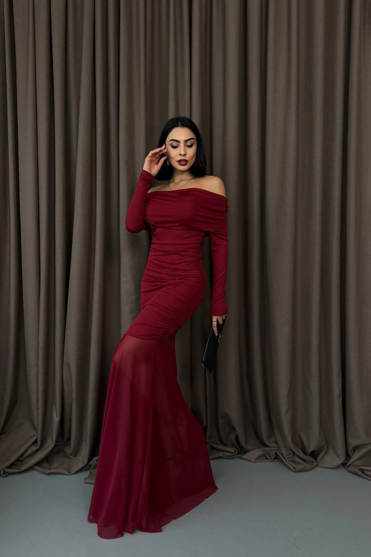 Madonna Collar Long Tulle Dress - Burgundy - Mode Roy - Globality Store - Women Clothes Wholesale Turkey