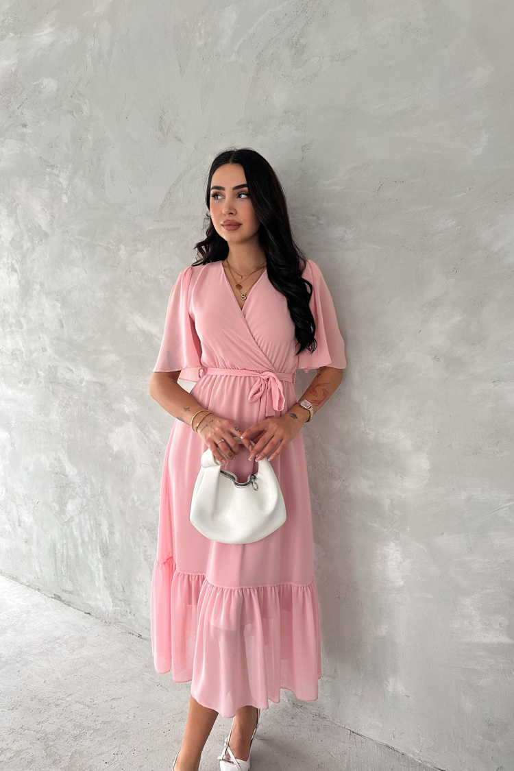 Double Collar Belted Chiffon Dress