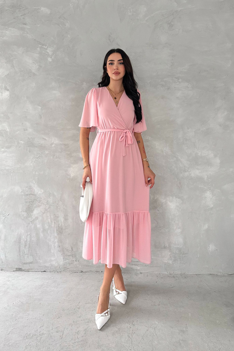 Double Collar Belted Chiffon Dress - Mode Roy - Globality Store - Women Clothes Wholesale Turkey