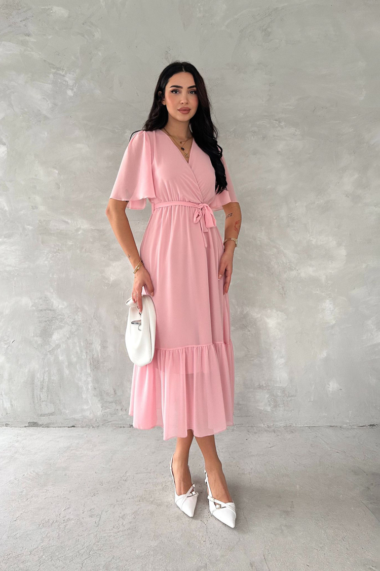 Double Collar Belted Chiffon Dress
