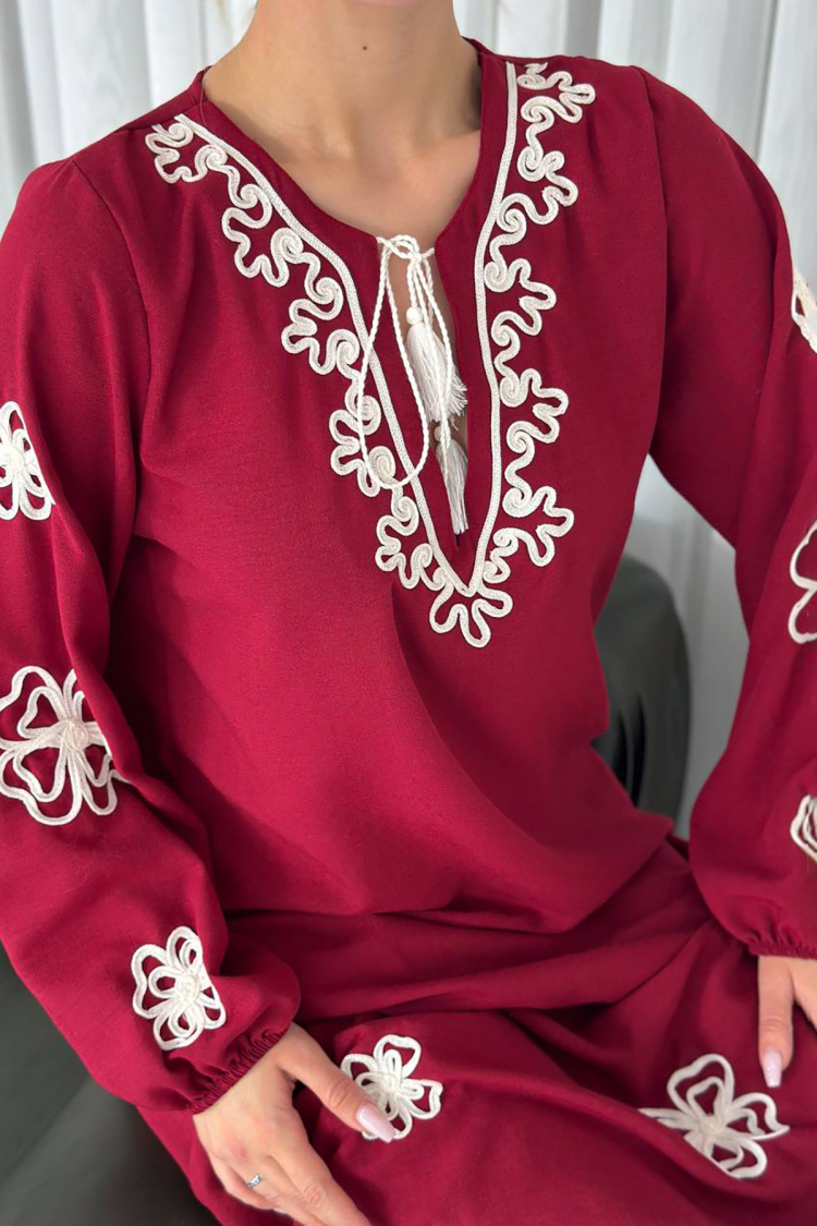 Summer Embroidered Linen Dress - Burgundy