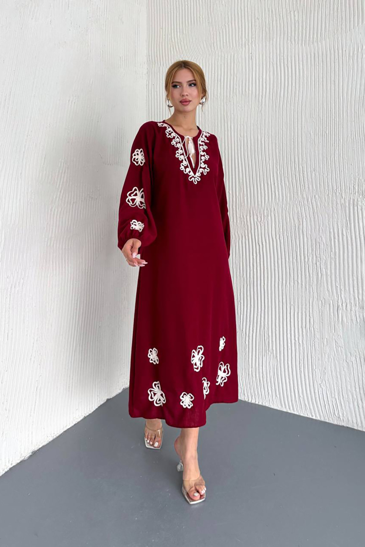 Summer Embroidered Linen Dress - Burgundy - Mode Roy - Globality Store - Women Clothes Wholesale Turkey