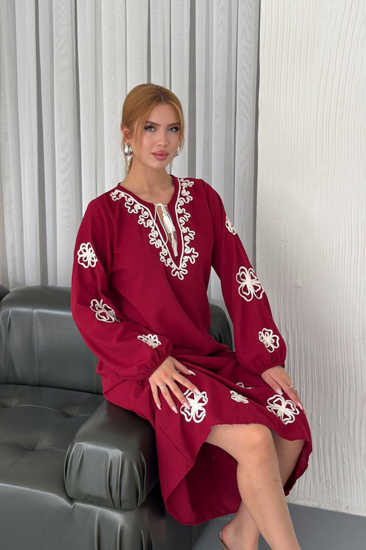 Summer Embroidered Linen Dress - Burgundy