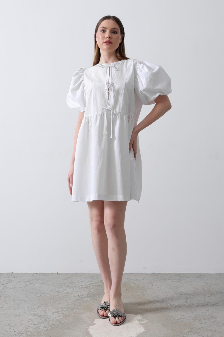 Balloon Sleeve Ribbon Detailed Dress - - Reyon - Globality Store - Women Clothes Wholesale Turkey