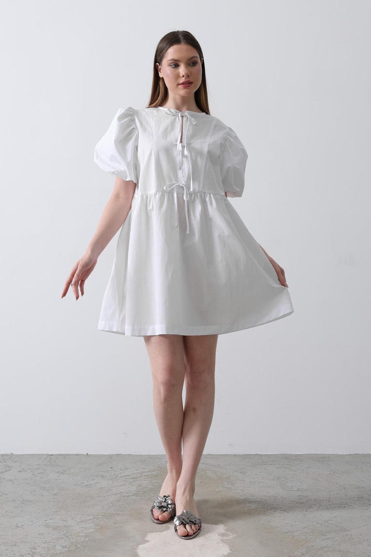 Balloon Sleeve Ribbon Detailed Dress -