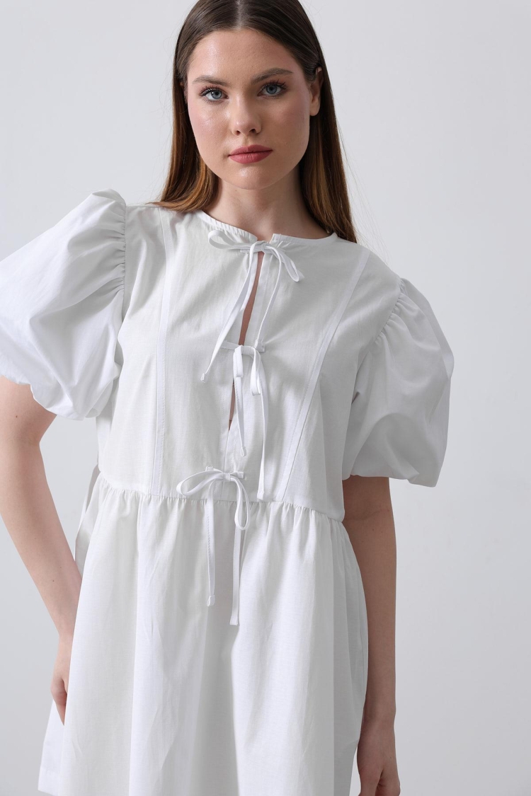 Balloon Sleeve Ribbon Detailed Dress -