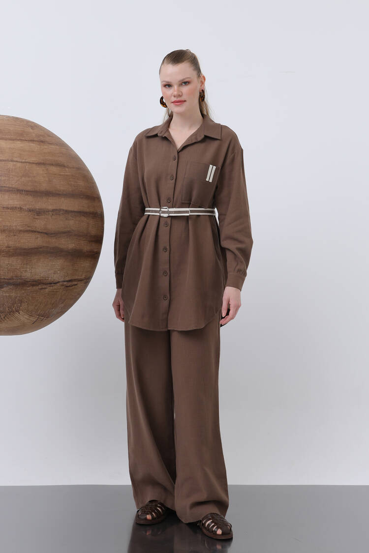 Women's Waist Ruched And Pocket Detailed Shirt And Pants Set - Puane - Globality Store - Women Clothes Wholesale Turkey