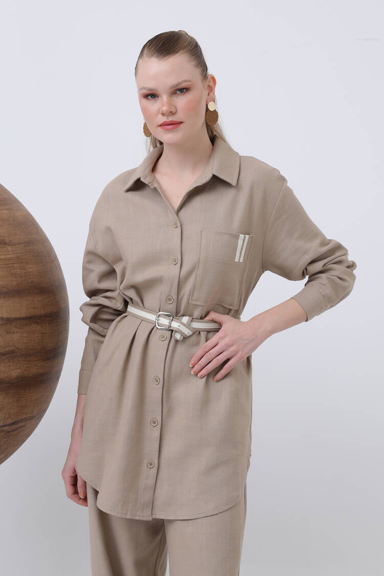 Women's Waist Ruched And Pocket Detailed Shirt And Pants Set - Puane - Globality Store - Women Clothes Wholesale Turkey