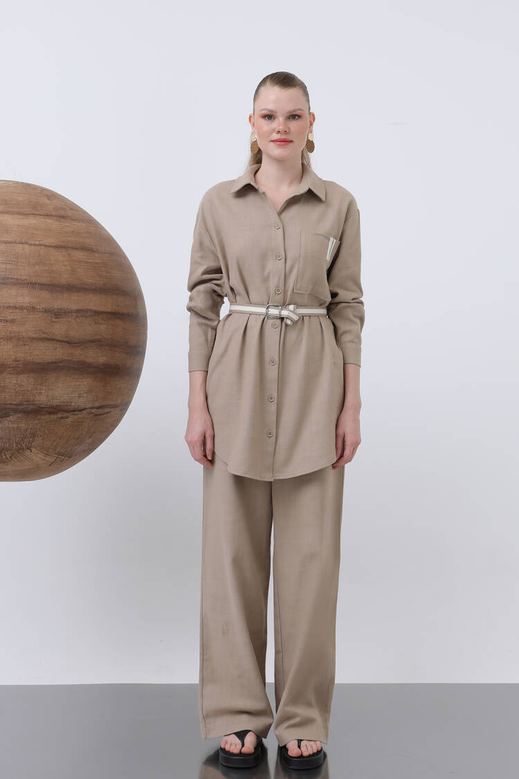 Women's Waist Ruched And Pocket Detailed Shirt And Pants Set