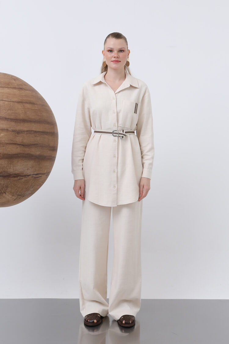Women's Waist Ruched And Pocket Detailed Shirt And Pants Set