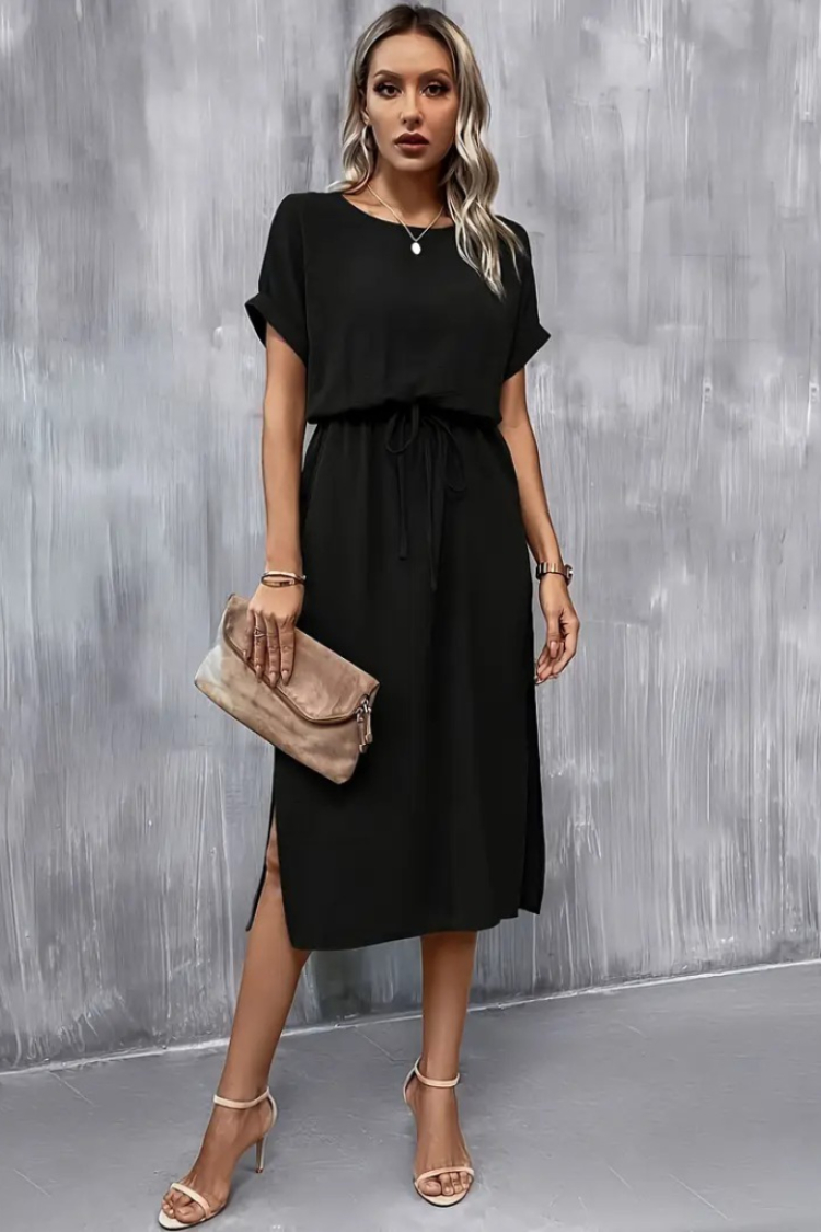 Women's Short Sleeve Collar Open Waist Tie Slit Viscose Dress - Black