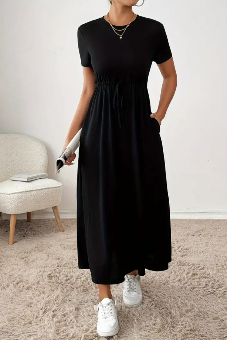 Women's Short Sleeve Crew Neck Waist Drawstring Pockets Viscose Dress - Black