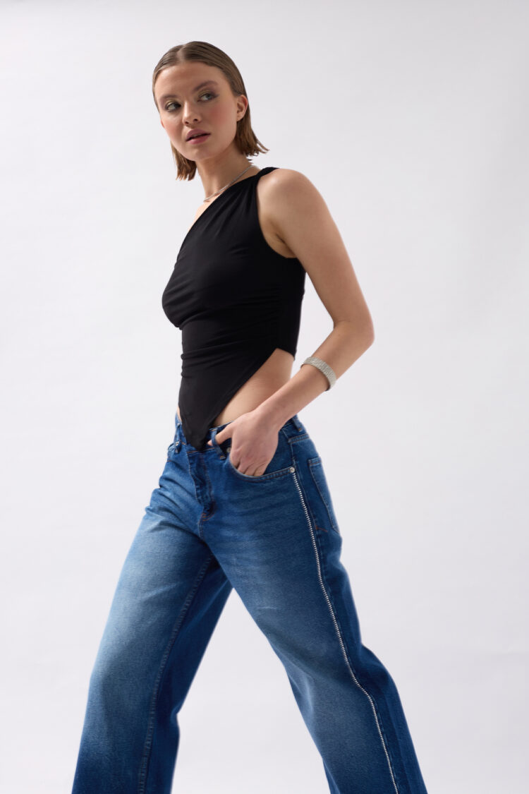 Stone Stripe Detailed Jean - Black Fashion - Globality Store - Women Clothes Wholesale Turkey